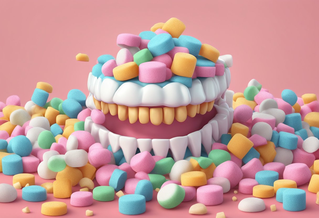 A pile of sugary treats sits next to a tooth with a visible cavity. A warning sign hovers above, with a red circle and line through the word "sugar."