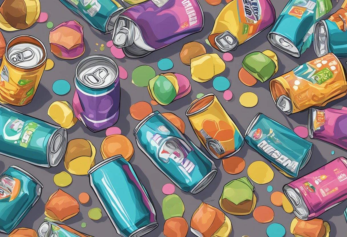 A table filled with sugary treats, surrounded by empty energy drink cans. A person looking lethargic and unfocused