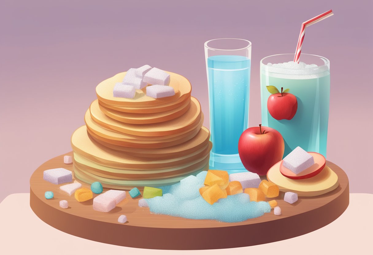 A pile of sugary treats sits next to a warning sign with a red circle and line through it. An apple and a glass of water are displayed as healthier alternatives