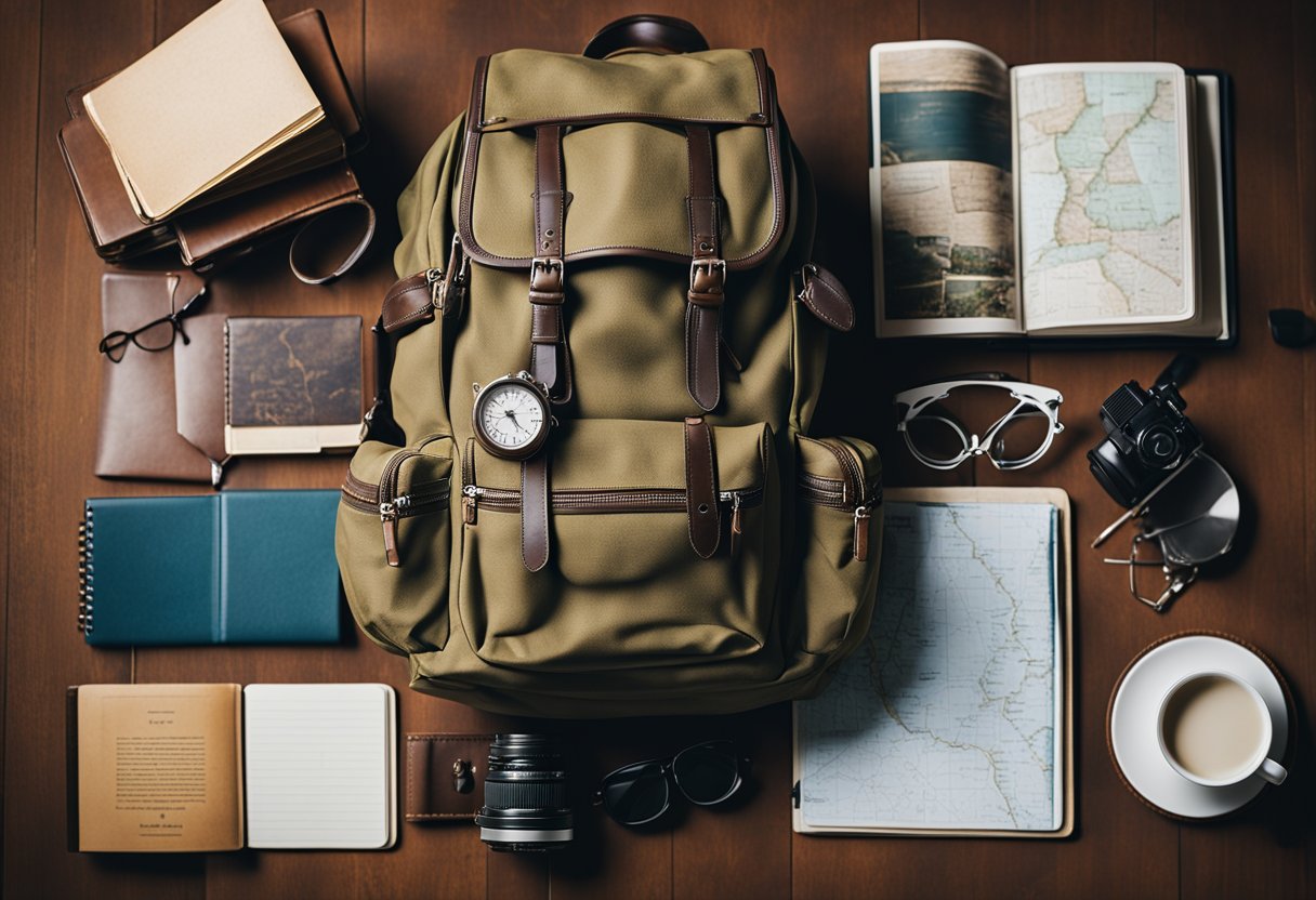 A traveler's backpack sits open on a map-covered table, surrounded by guidebooks and a notebook filled with handwritten plans and tips