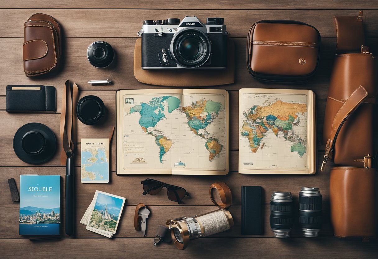 A suitcase packed with essential items for solo travel, surrounded by a map, notebook, and travel guide