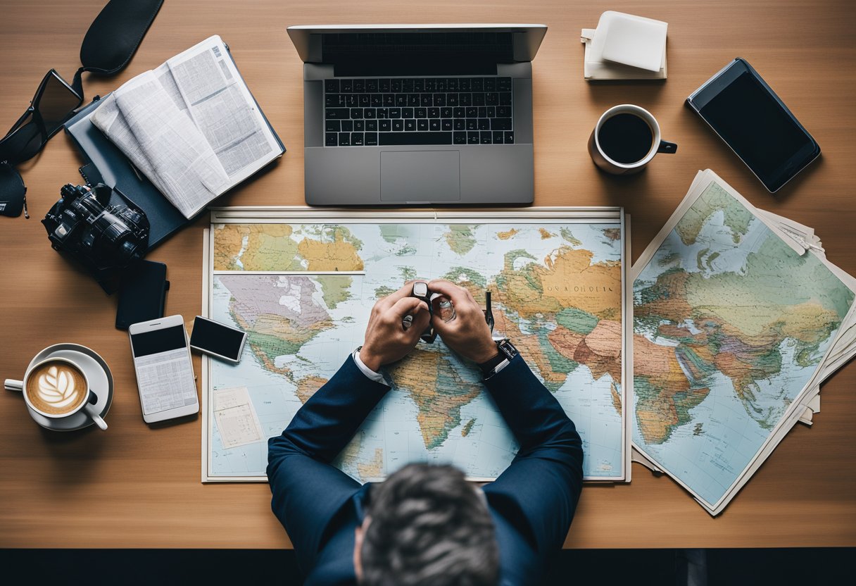 A traveler sits at a desk, surrounded by maps, guidebooks, and a laptop. They are carefully planning their solo trip, with a cup of coffee nearby