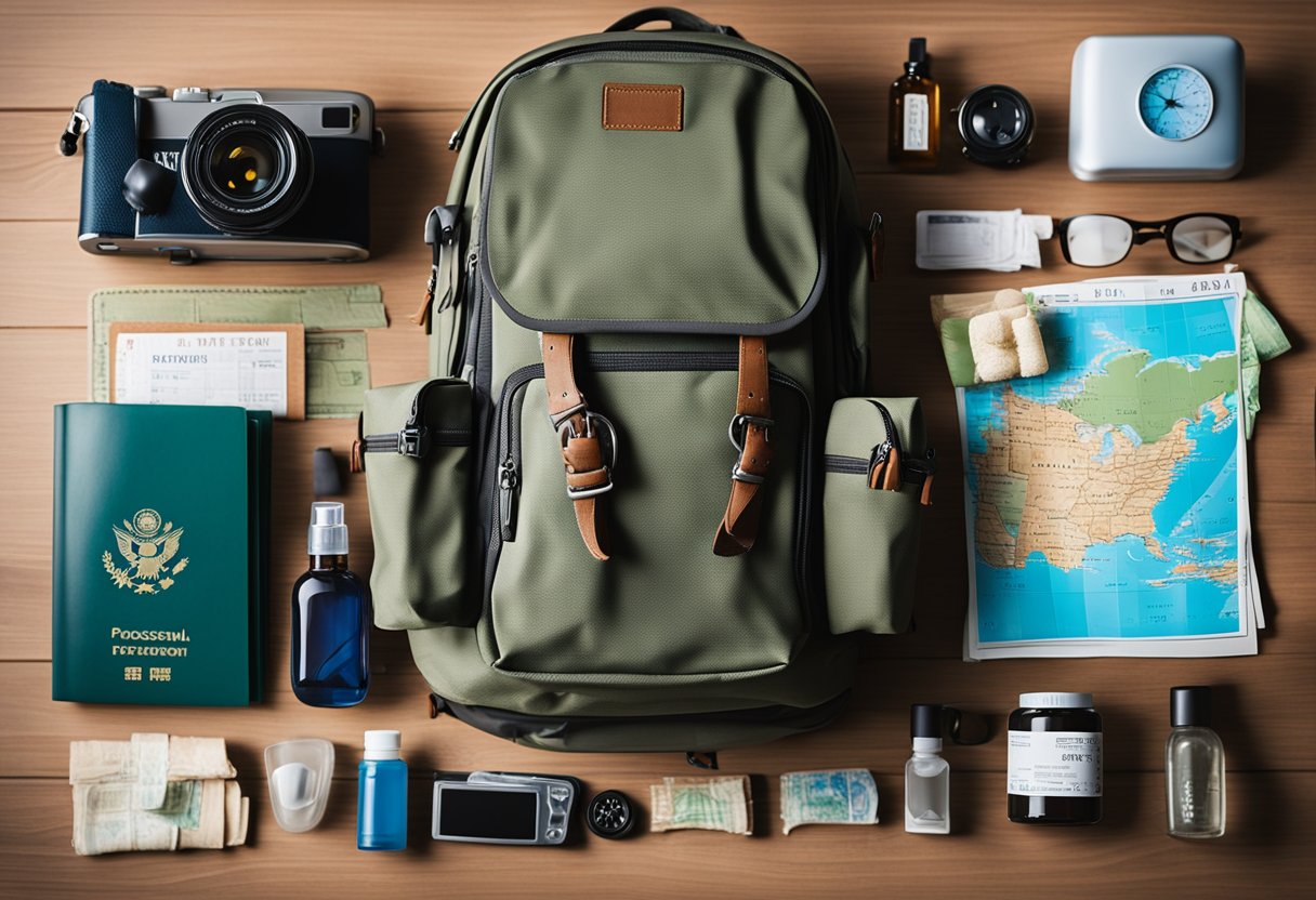 A traveler's backpack sits open on a table, filled with a first aid kit, sunscreen, and a map. A passport and travel itinerary are neatly organized beside it