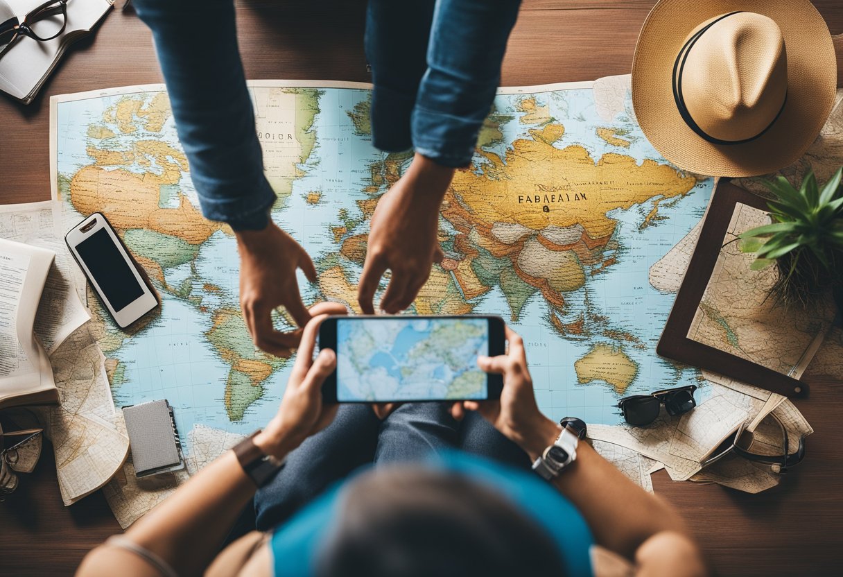 A traveler researching social media platforms for trip tips, surrounded by maps, guidebooks, and a smartphone