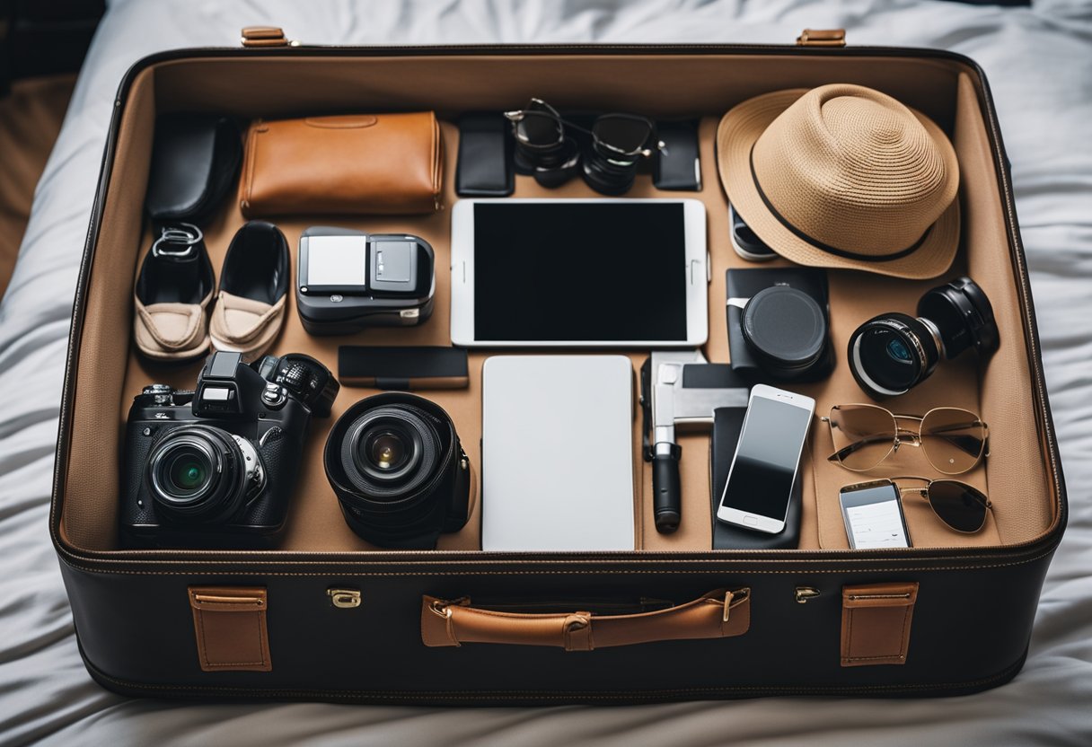 A suitcase open on a bed, with clothes and toiletries neatly packed. A smartphone with social media apps open on a table