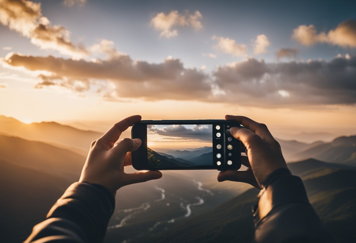 A traveler capturing scenic views with a smartphone, posting on social media