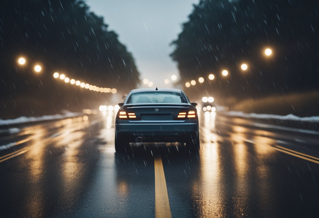 A car driving through various road conditions, with different weather and traffic situations, while a hand selects from different insurance options