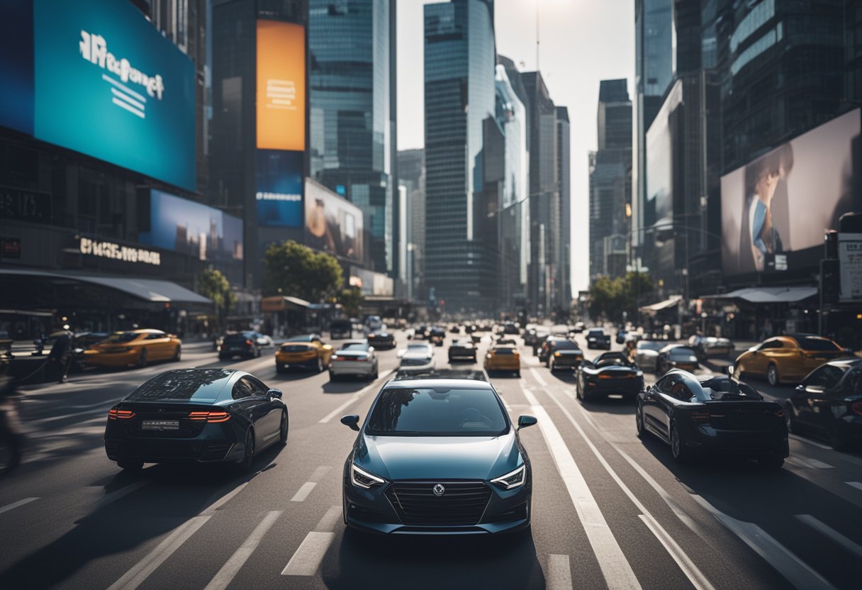 A car driving through a city, with various insurance options displayed on billboards and signs, highlighting the concept of choosing the ideal insurance for different driver profiles