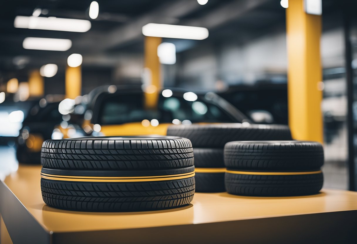 Customized wheels and tires displayed in a well-lit showroom with various car accessories