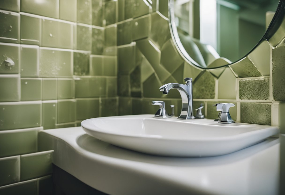 A bathroom with mold and mildew on the walls and ceiling. Clean surfaces, proper ventilation, and anti-mold products are visible