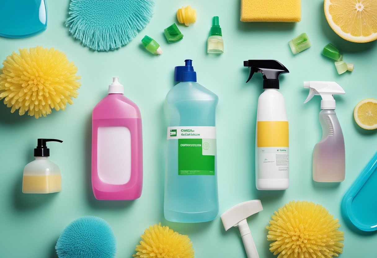 A table with various disinfectant products and cleaning tools, surrounded by different surfaces and objects in a home setting