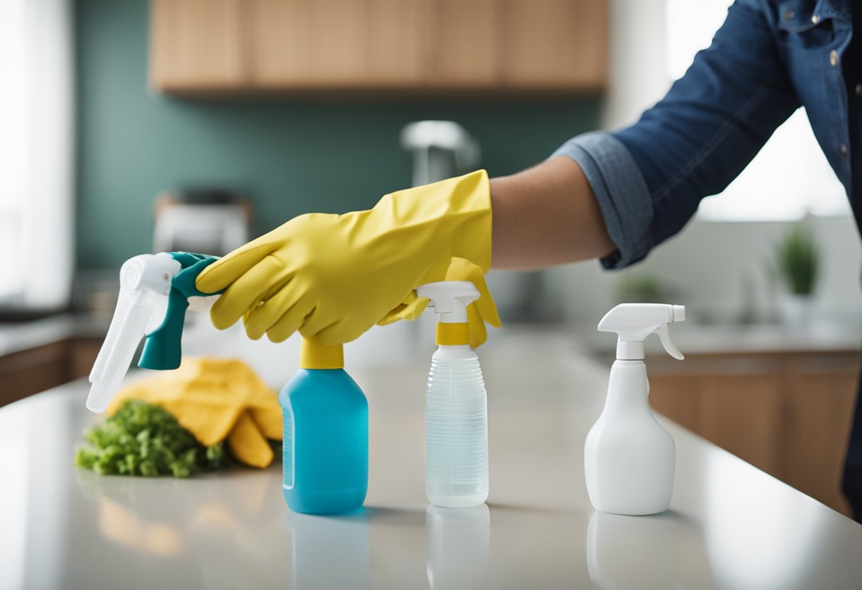 A gloved hand sprays disinfectant on surfaces in a tidy home