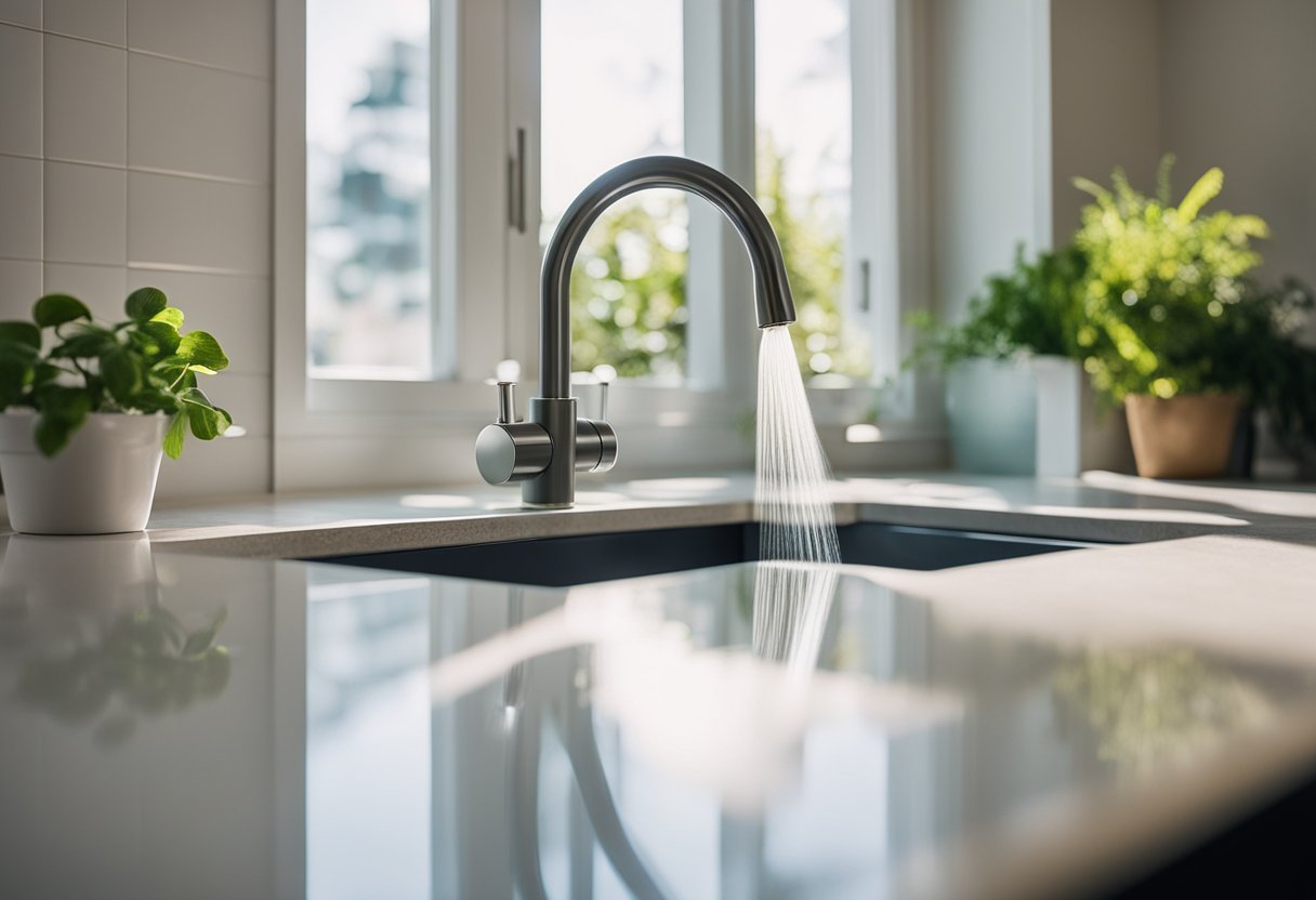 A clean, well-lit home with various surfaces being disinfected using different methods such as wiping, spraying, and UV light