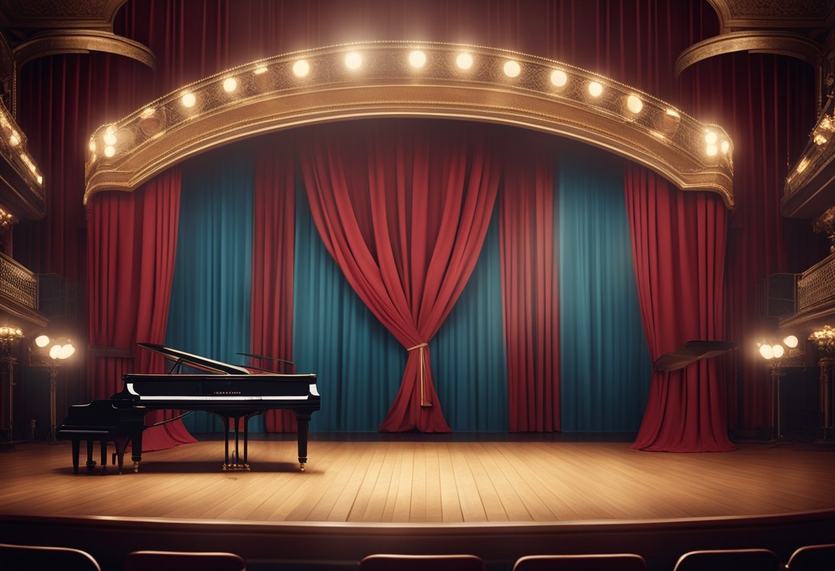 A grand theater stage set with ornate curtains, a grand piano, and vintage microphones, evoking the elegance and nostalgia of classic musicals