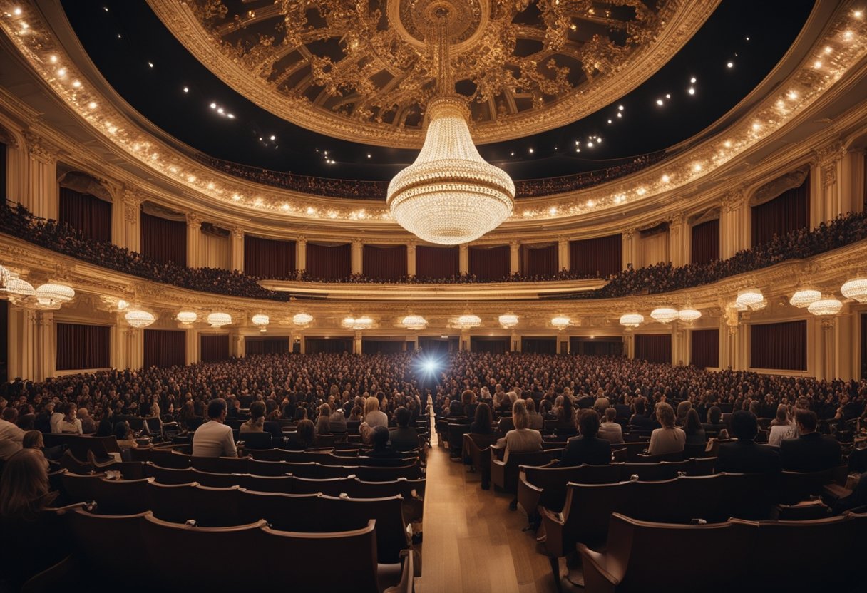 A grand concert hall with ornate chandeliers and velvet curtains, a grand piano center stage, and the audience seated in elegant attire