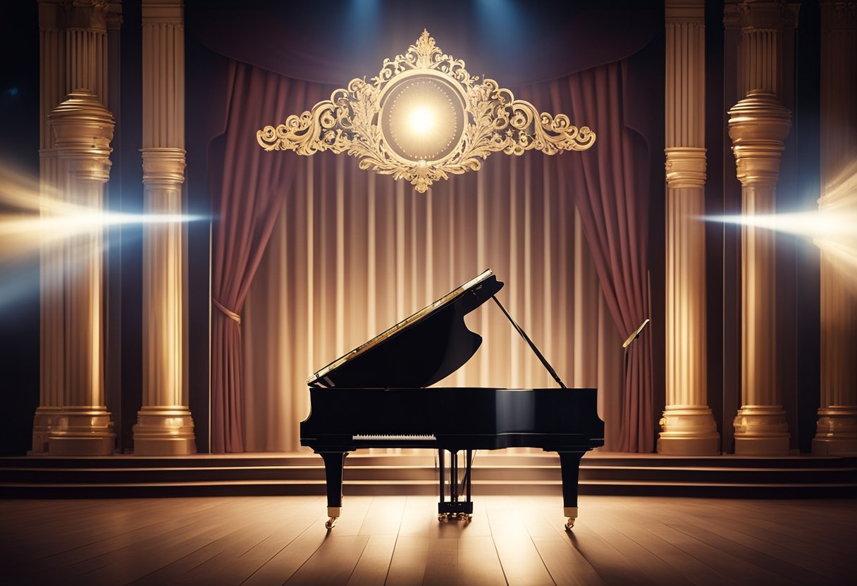 A grand theater stage with ornate curtains, a grand piano, and a spotlight shining down, setting the scene for a classic musical performance