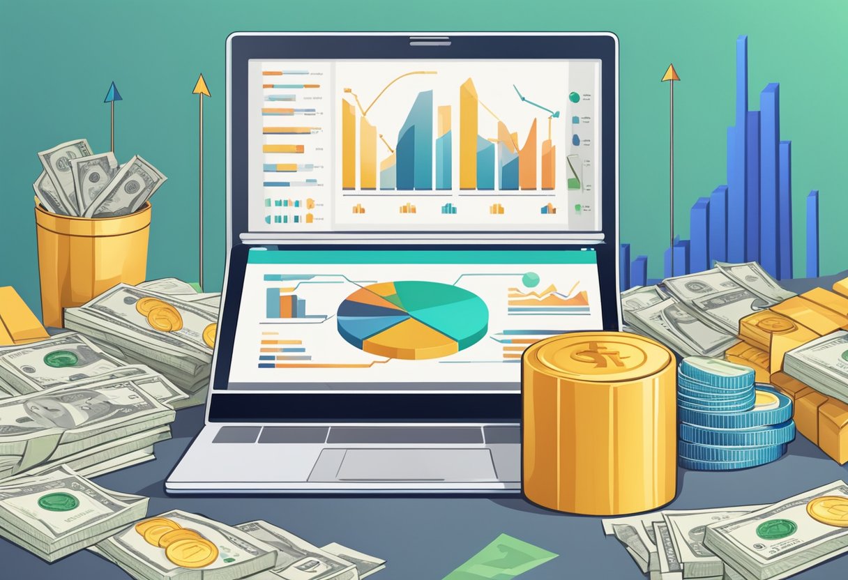 A laptop surrounded by charts and graphs, with a stack of money and a growth arrow symbolizing success in online business