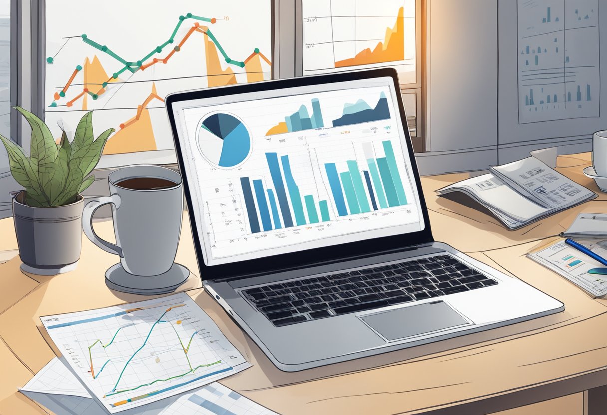 A laptop surrounded by charts and graphs, with a cup of coffee nearby. A whiteboard with brainstorming notes in the background