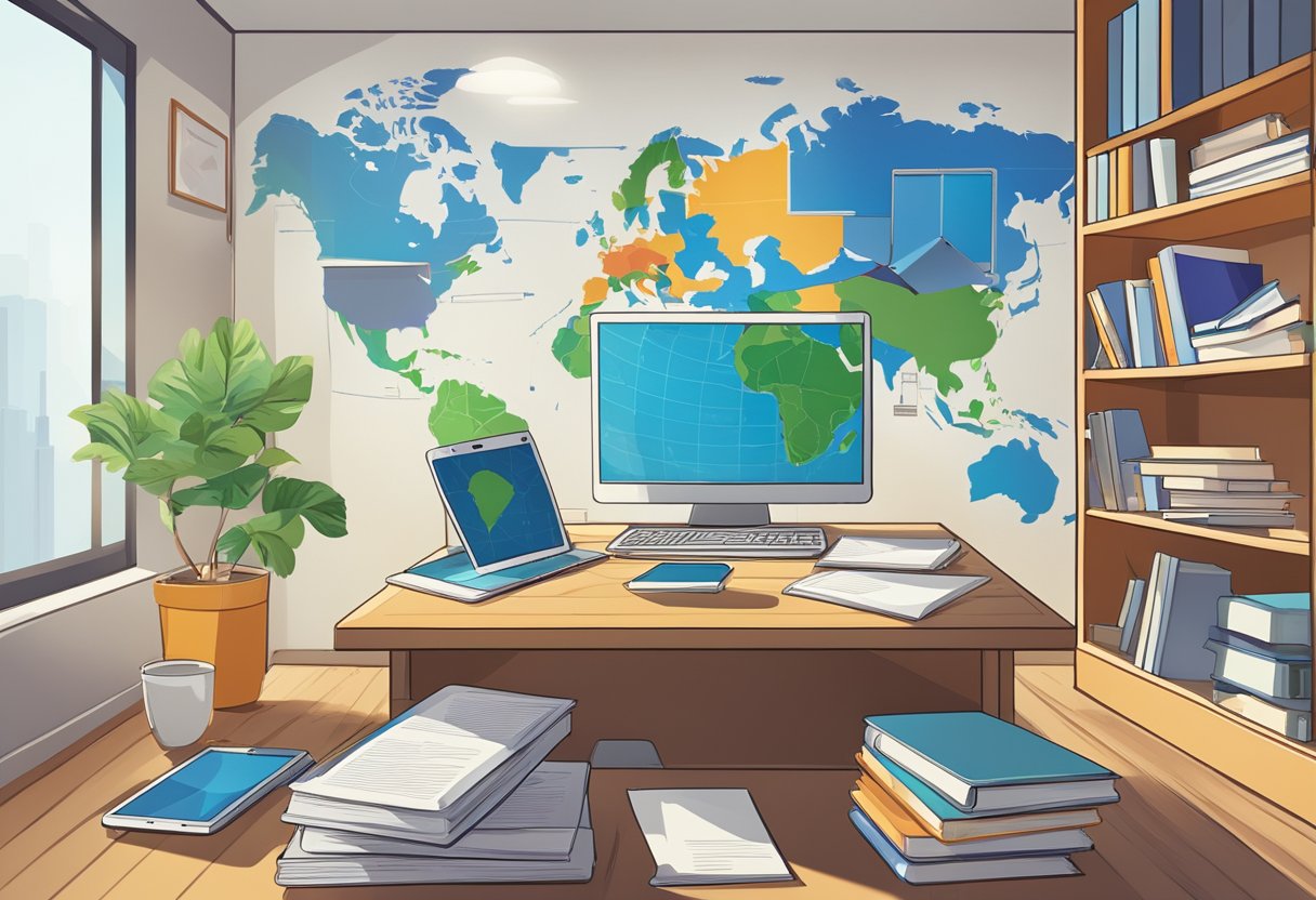 A laptop, smartphone, and tablet sit on a desk surrounded by stacks of books and papers. A world map hangs on the wall, with pushpins marking various locations