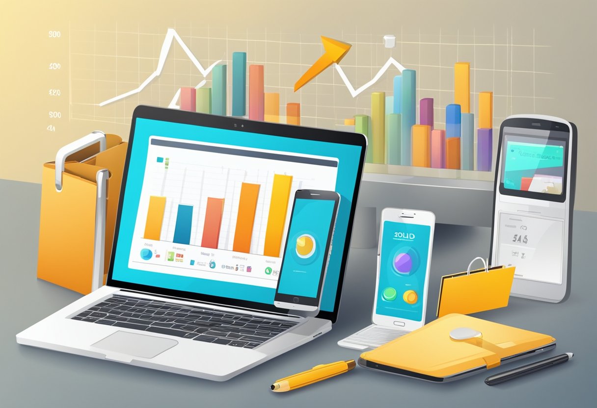 A laptop, tablet, and smartphone surrounded by various products with a "sold" tag. A graph showing increasing profits in the background