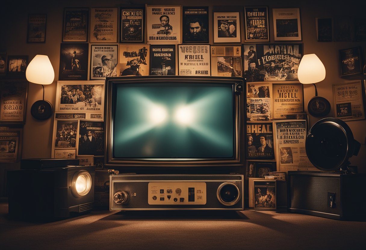 A dimly lit room with a projector casting images of iconic Martin Scorsese films on a blank wall, surrounded by vintage movie posters and memorabilia