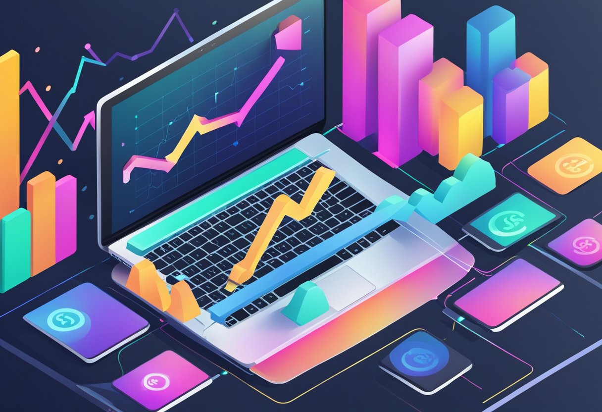 A laptop with a graph showing increasing sales and a dollar sign representing conversions. A smartphone displaying notifications of profitable online transactions