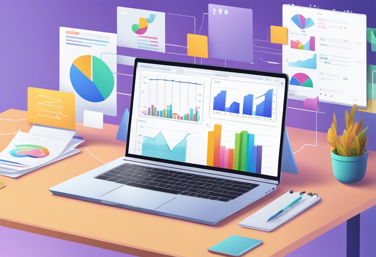 A laptop with multiple open tabs showing sales data, marketing strategies, and customer feedback. A whiteboard with business goals and growth charts