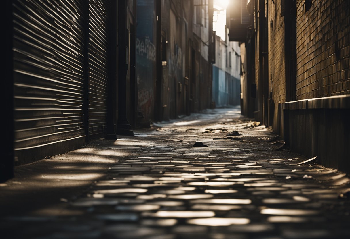 A dimly lit alleyway with looming shadows, littered with discarded evidence and ominous graffiti, sets the scene for a crime thriller