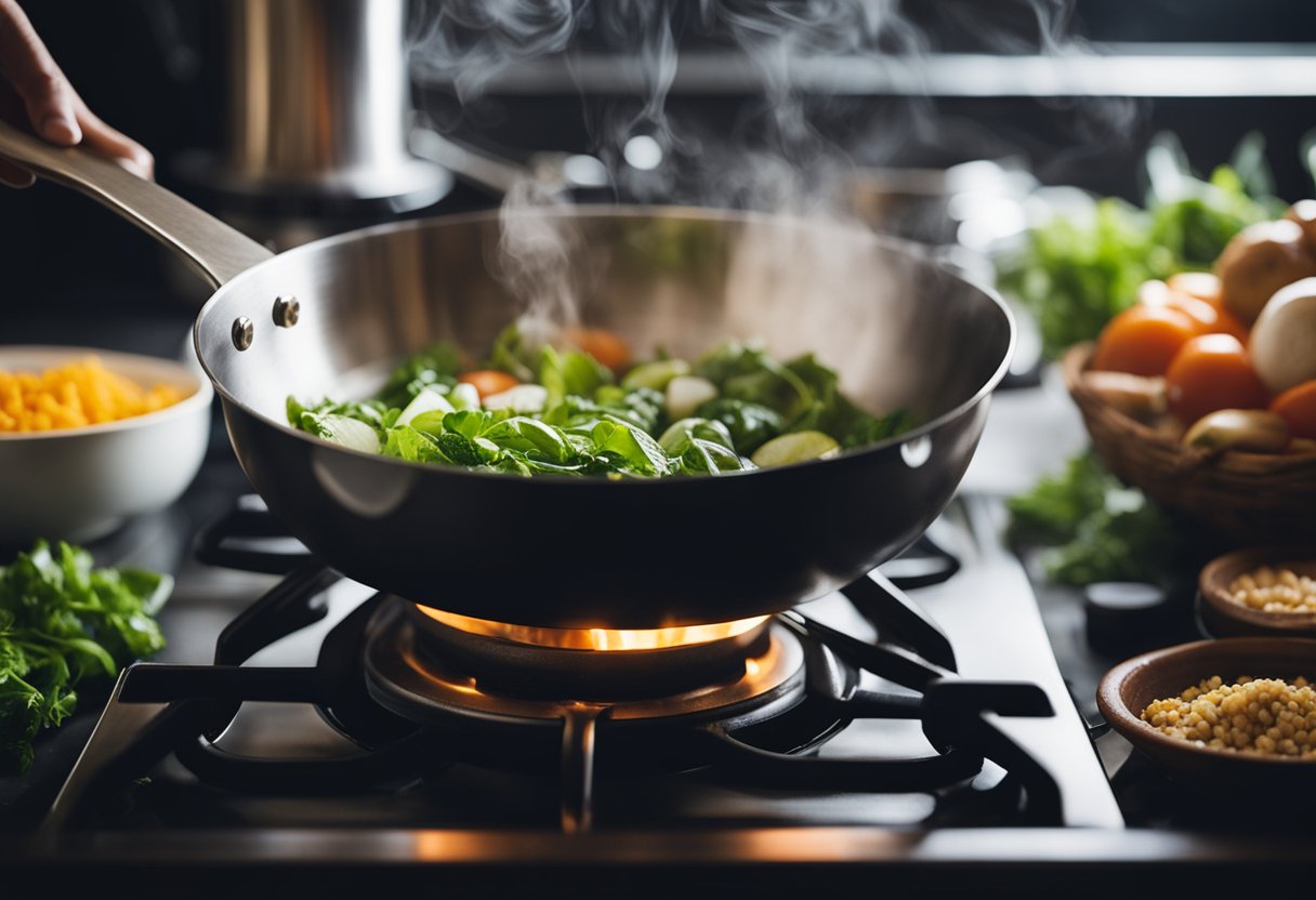 A variety of fresh ingredients being added to a single pot on a stove, with steam rising and a delicious aroma filling the kitchen