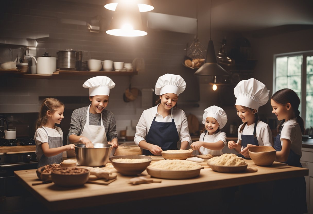 Children and adults baking together, surrounded by ingredients and kitchen tools, happily working on sweet recipes