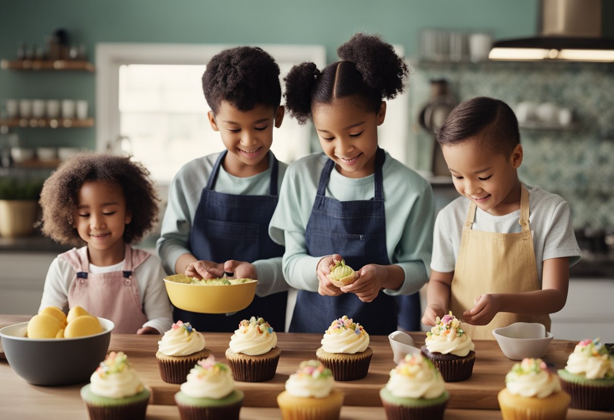 Children gathered around a kitchen counter, mixing ingredients and decorating cupcakes. A variety of colorful and delicious desserts are displayed on the table