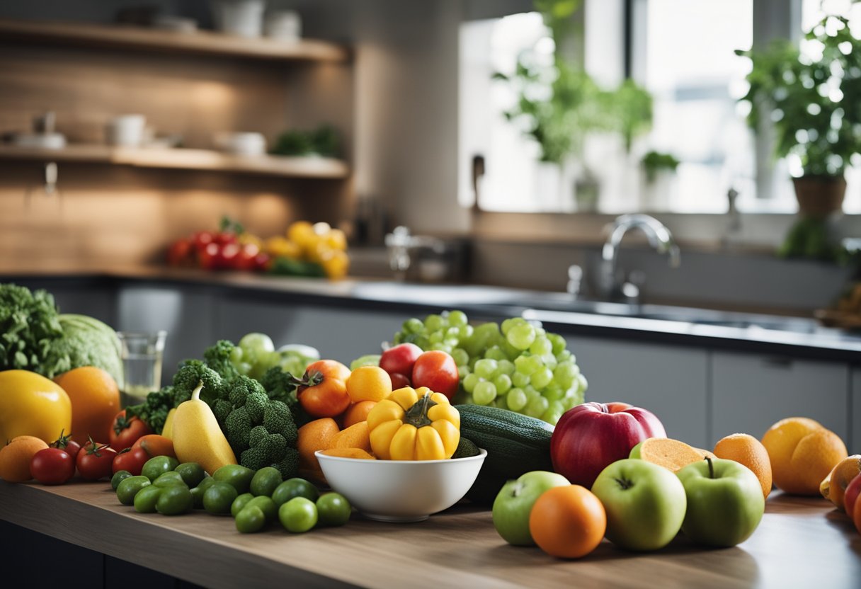 Colorful fruits and vegetables scattered on a kitchen counter, with mixing bowls and measuring spoons ready for use