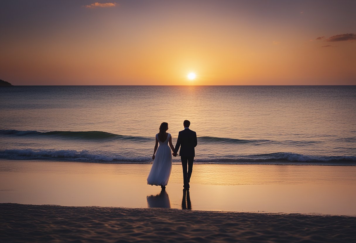 A couple strolling hand in hand on a picturesque beach at sunset, with a table set for a romantic dinner by the water's edge