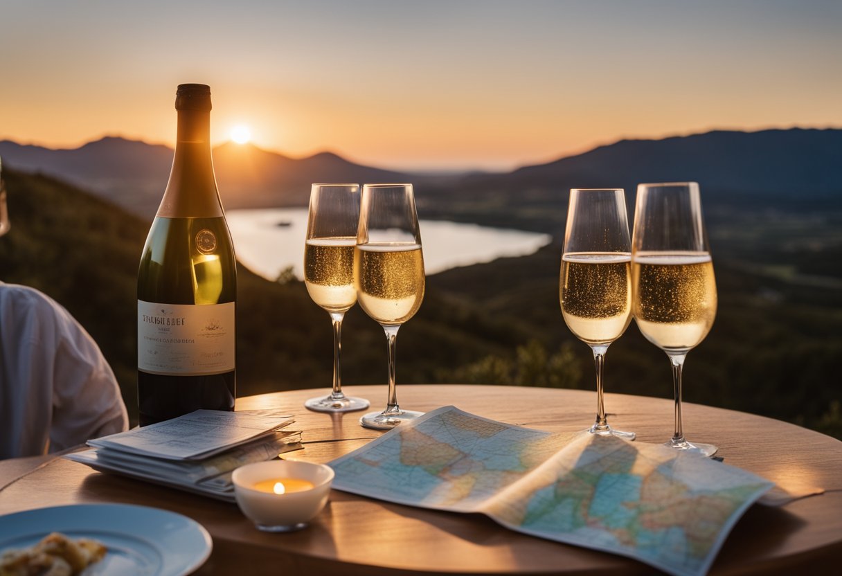 A couple sits at a candlelit table overlooking a picturesque sunset. A bottle of champagne and two glasses sit on the table, while a map and travel brochures lay scattered nearby