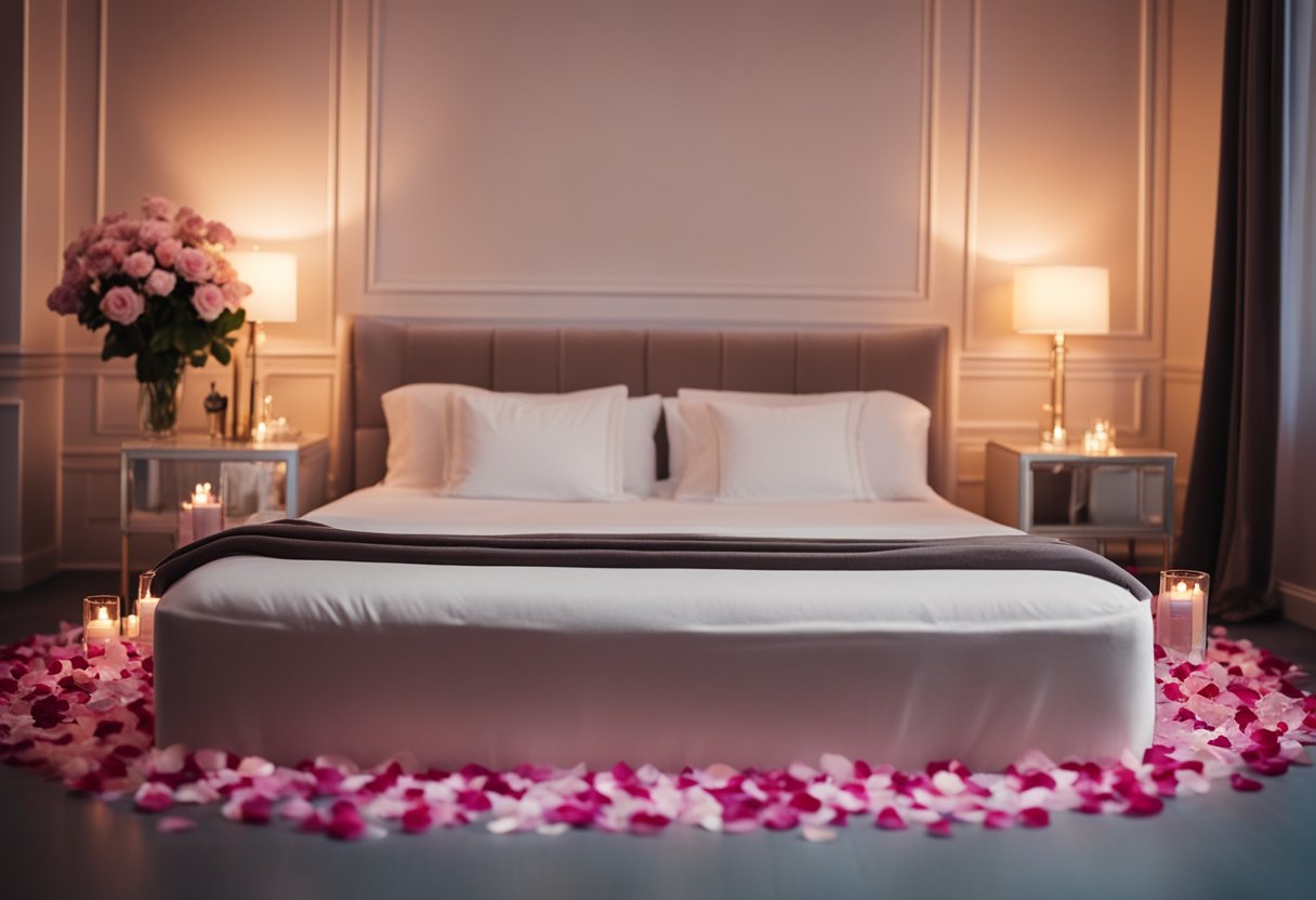 A cozy bedroom with a king-sized bed adorned with rose petals, soft lighting, and a bottle of champagne on ice. A romantic setting for celebrating wedding anniversaries