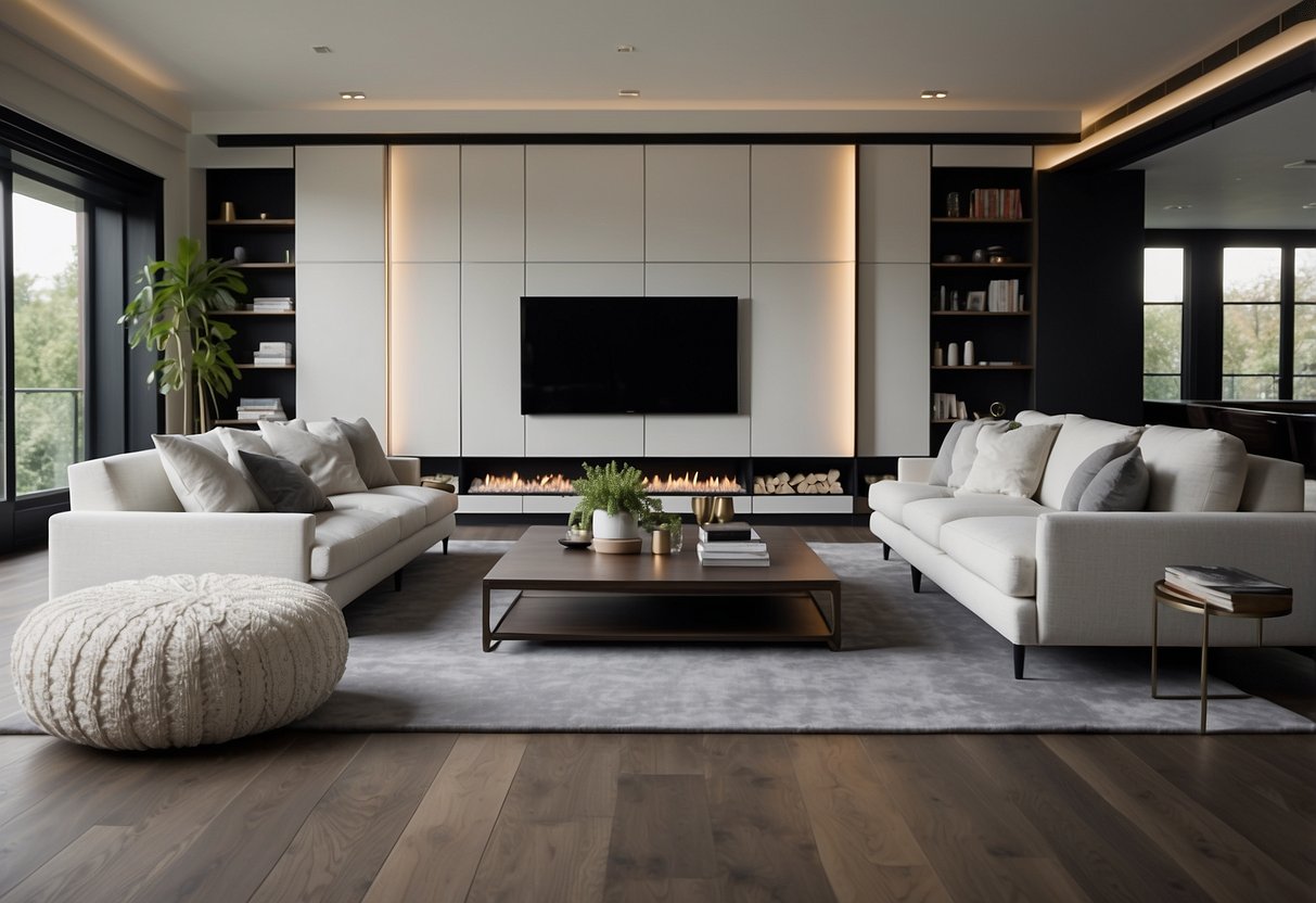 A modern living room with custom-built furniture, sleek and functional. Clean lines and organized spaces create a sense of harmony and style