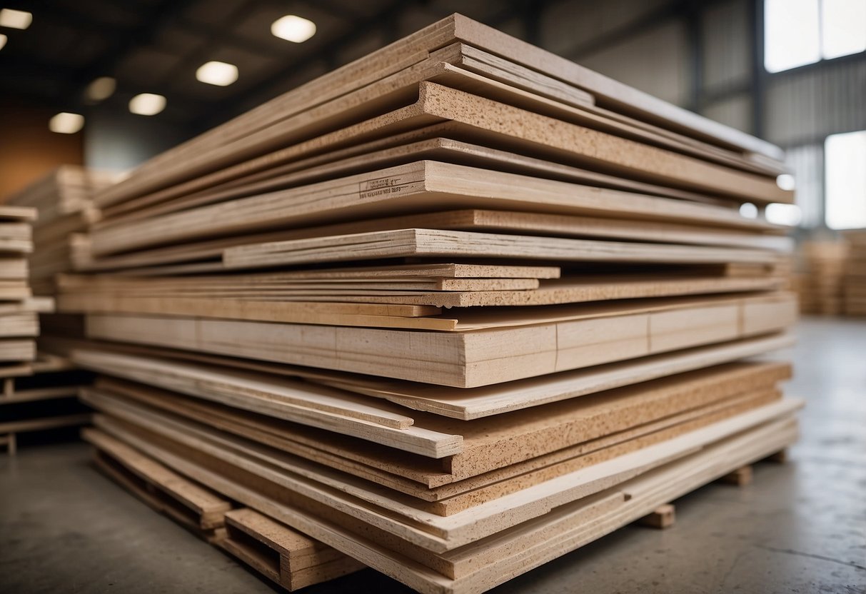 A stack of MDF and MDP boards, labeled with their respective names, arranged side by side in a warehouse setting