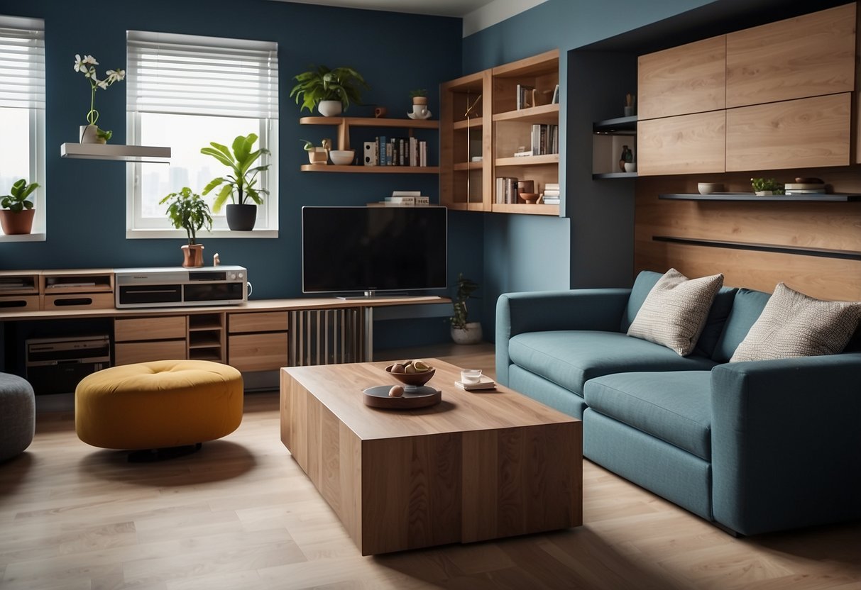 A room with modular furniture arranged in separate units versus custom-built furniture integrated into the space