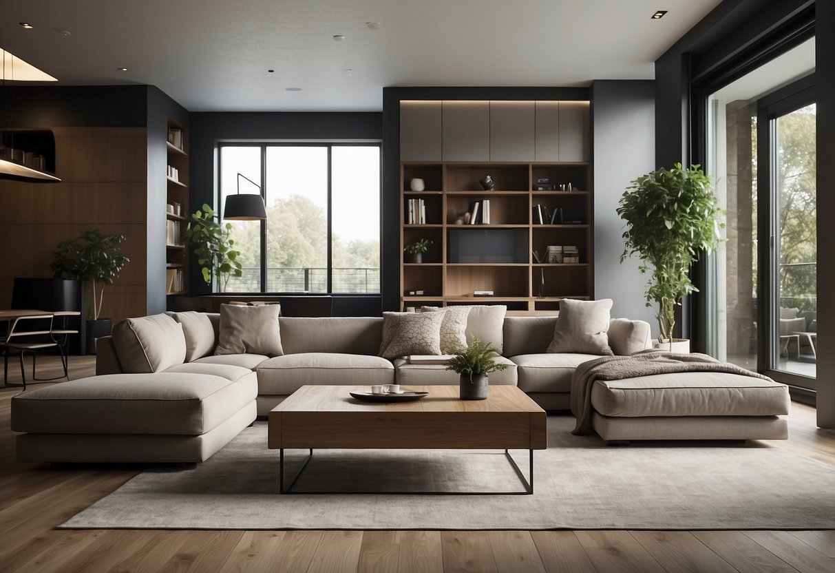 A modern living room with custom-built furniture, maximizing space and functionality. Clean lines and sleek design showcase the benefits of planned furniture