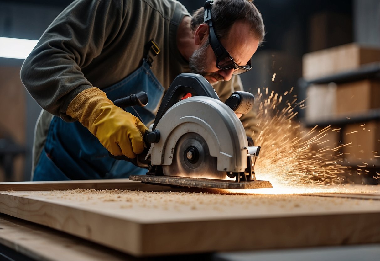 A table saw cutting through MDF and MDP boards, with sawdust flying and a worker wearing safety goggles and gloves