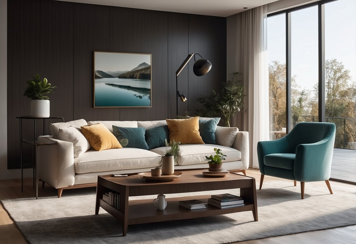 A modern living room with sleek, custom-built furniture. Clean lines, efficient use of space, and integrated storage solutions. Bright, airy ambiance with natural lighting