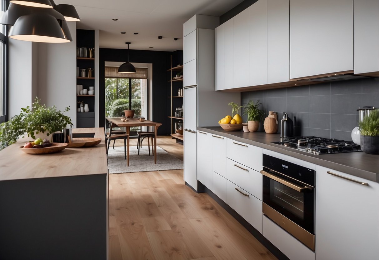 A kitchen with custom-made furniture, new appliances, and modern decor. Clean and organized space with strategic planning evident in the layout and design