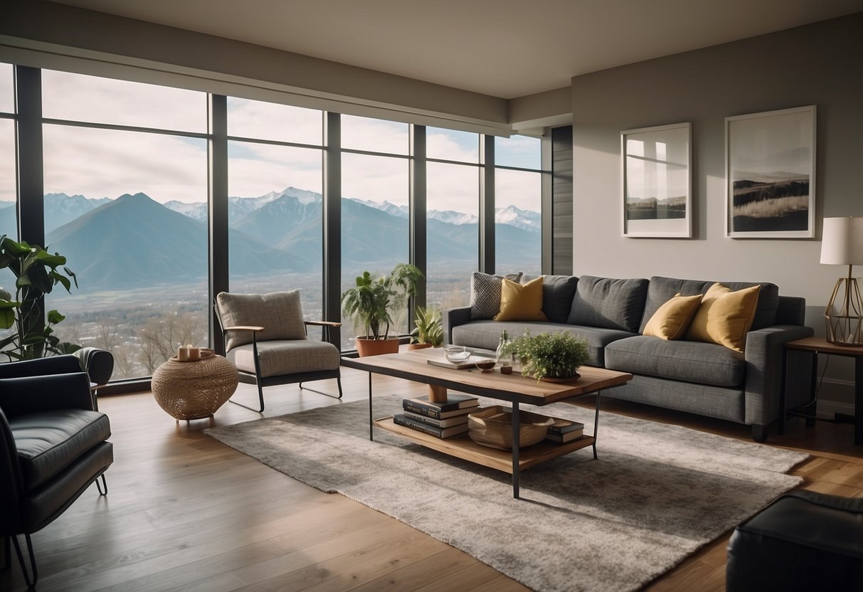 A modern, furnished living room with custom-built furniture. A "For Sale" sign outside the window. Financial documents on the table