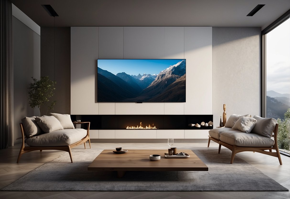 A modern living room with a sleek and stylish TV panel mounted on the wall, surrounded by minimalist decor and soft lighting