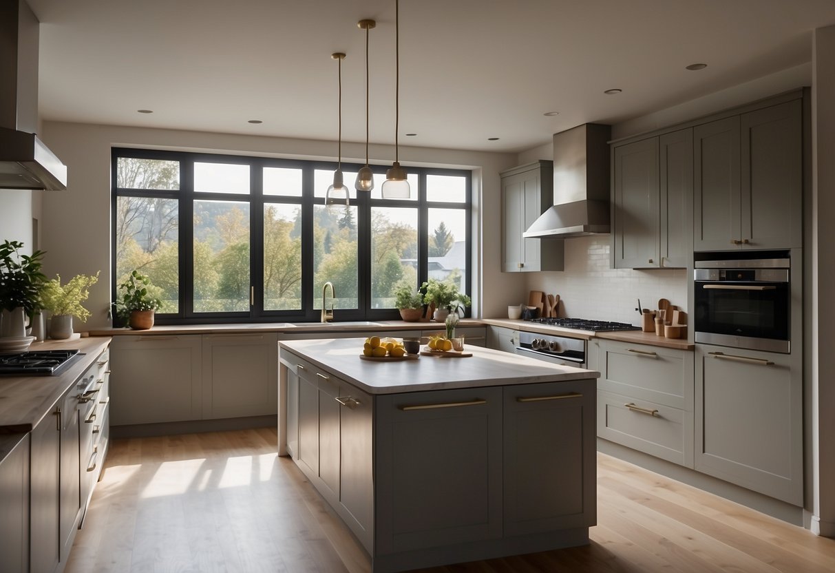 A spacious kitchen with a central island, equipped with modern appliances and ample counter space. Bright natural light floods the room through large windows, creating a warm and inviting atmosphere