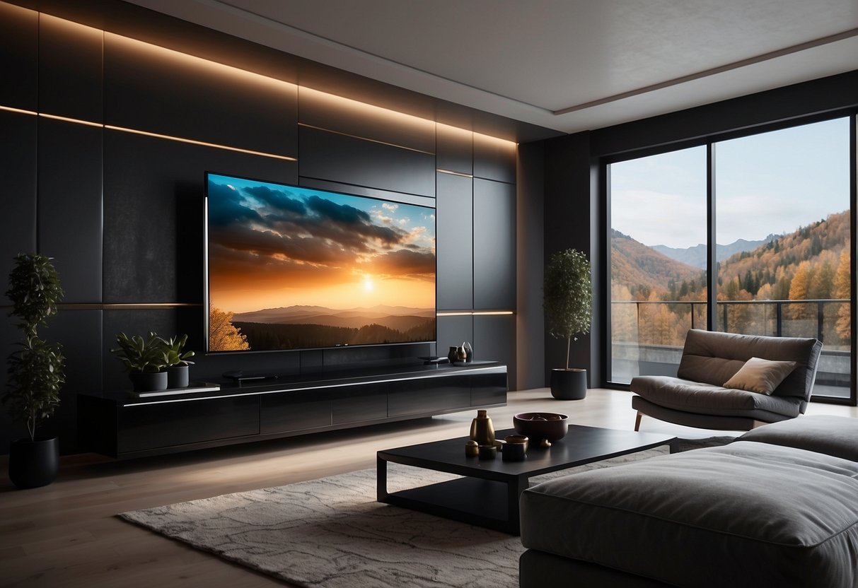 A sleek and elegant TV panel design, with modern aesthetic and clean lines, set against a stylish living room backdrop