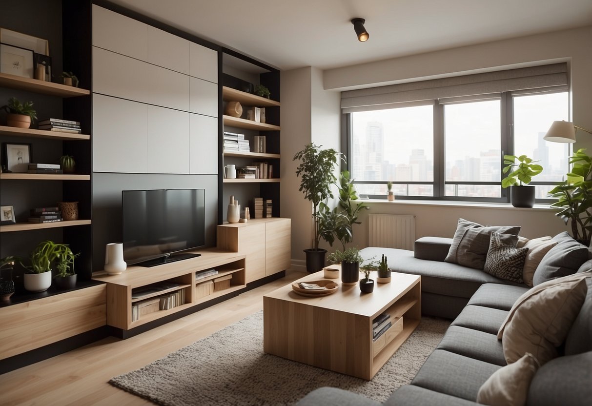 A small apartment with cleverly designed built-in furniture, maximizing space and creating a cozy, functional living area