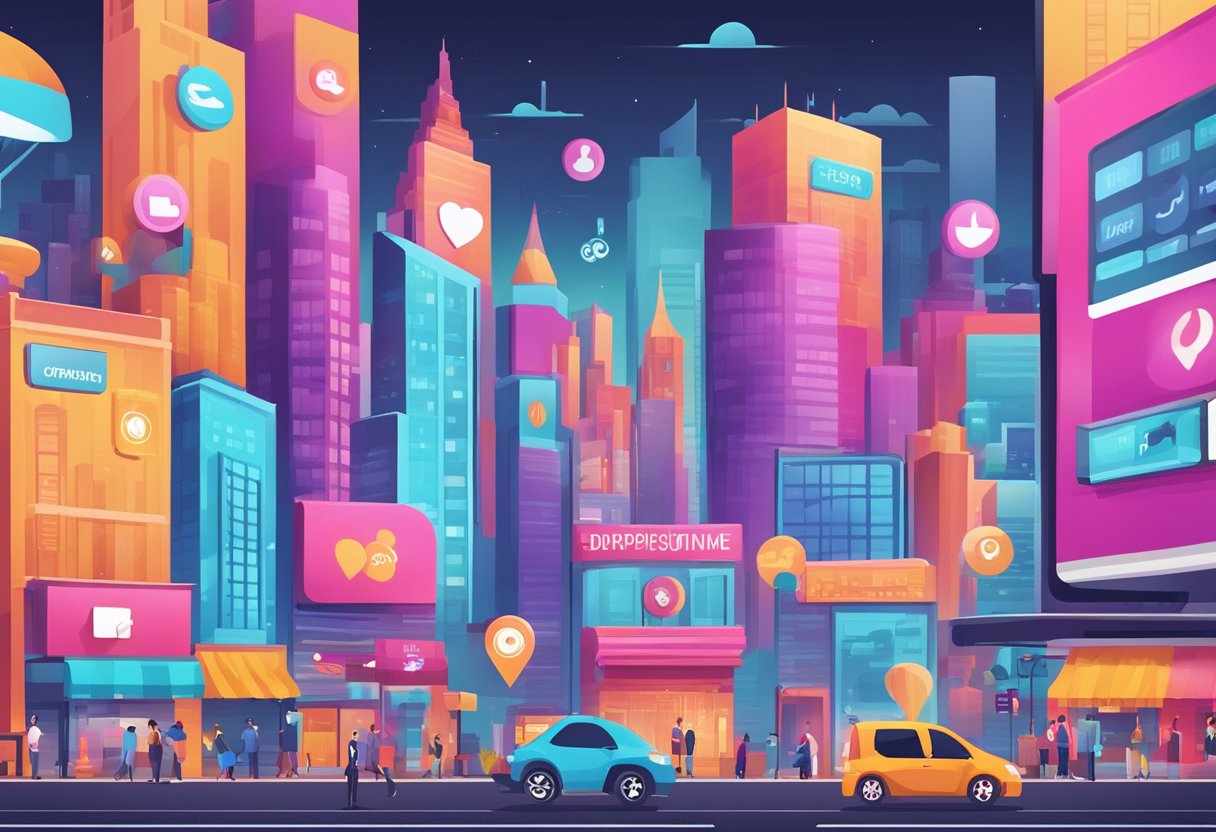 A vibrant cityscape with a digital billboard showcasing a successful dropshipping business. Social media icons and online shopping symbols surround the billboard, representing effective marketing strategies