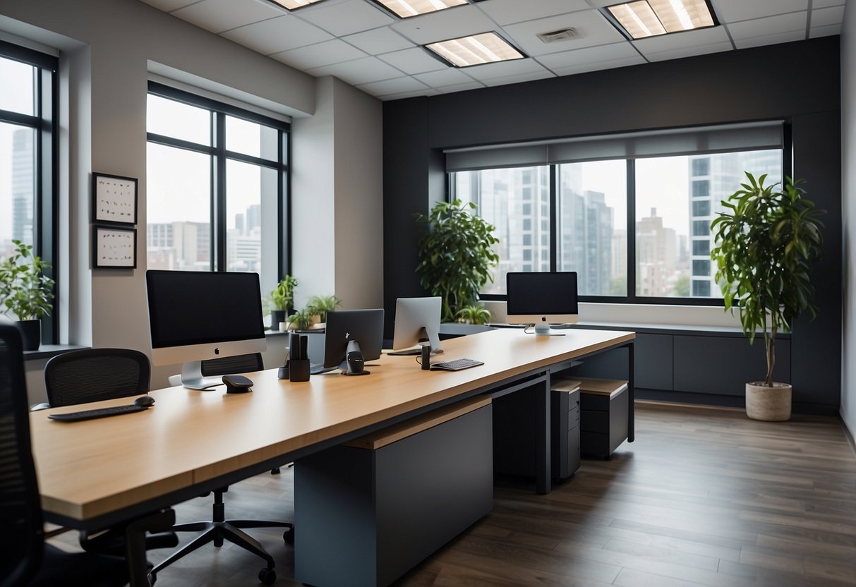 A modern office space with sleek, customized furniture, maximizing space and organization. Clean lines and efficient design create a professional and productive environment