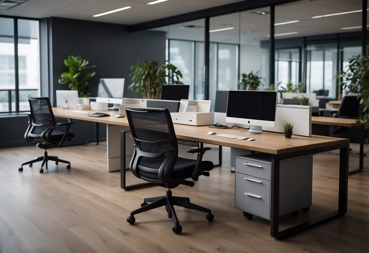 A modern office with organized, custom-built furniture, promoting productivity and comfort. Clean lines, ergonomic design, and efficient use of space